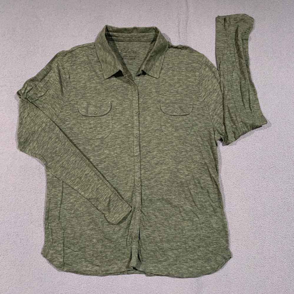 Elan Button Down Shirt Women Large Olive Green Heathered Long Sleeve Utility